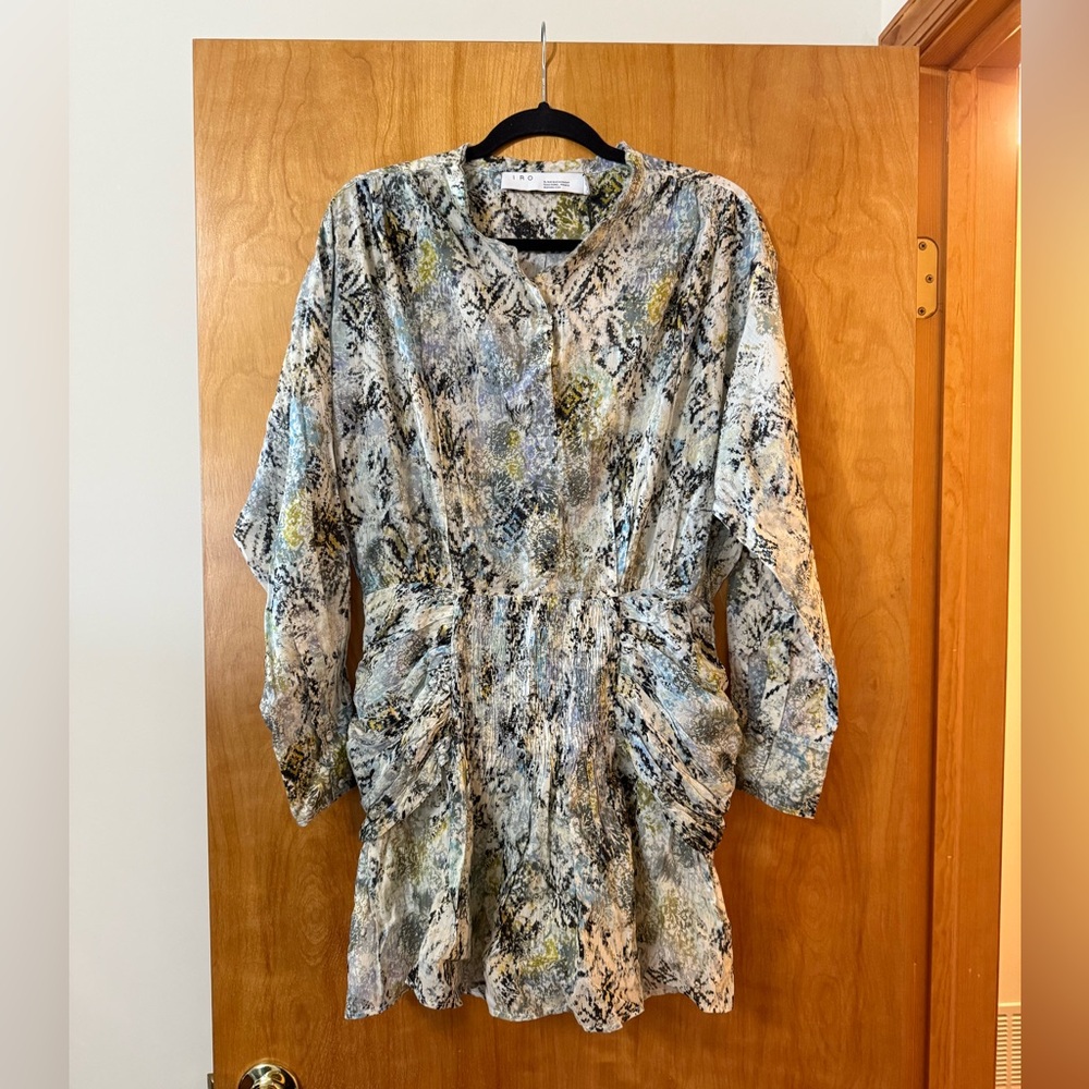IRO Paris Deniz Ruched Printed Cotton Mini Dress Green Designer NWT 38 MSRP $400